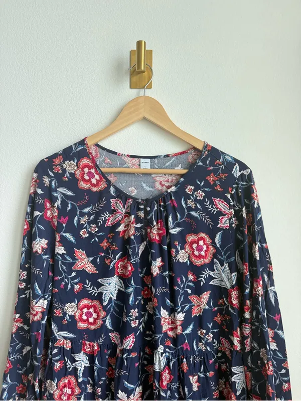 Old Navy Navy Floral Peasant Dress Women's Large Boho Keyhole Rayon Mini - Image 4