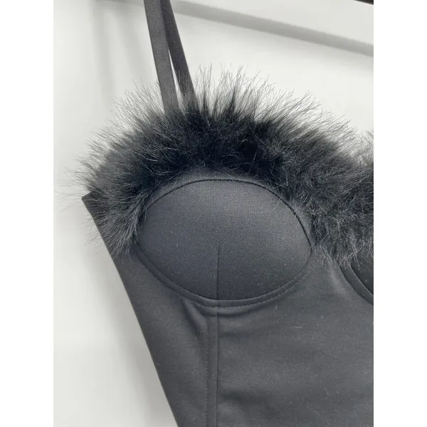 Say What Black Faux Fur Feathers Trim Bustier Crop Top Corset Padded Large NEW - Image 7