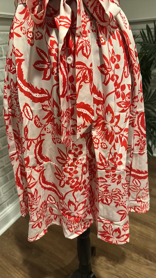 Red And Cream Floral Shirt Dress With Belt (M) - Image 4