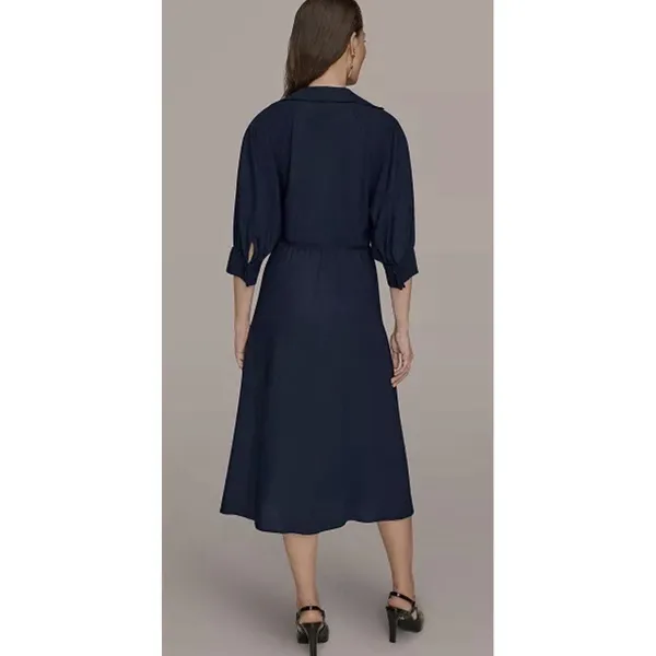 Donna Karan New York Women's Collared 3/4-Sleeve Midi Dress Size 6 Navy Linen - Image 4