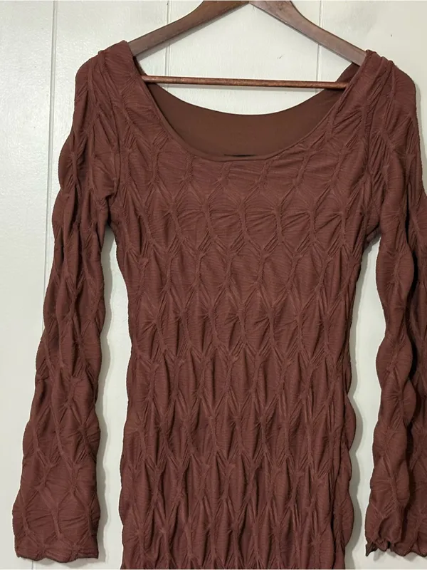 See You Monday Textured Midi Dress Brown Long Sleeve Bodycon Size L NWT - Image 9