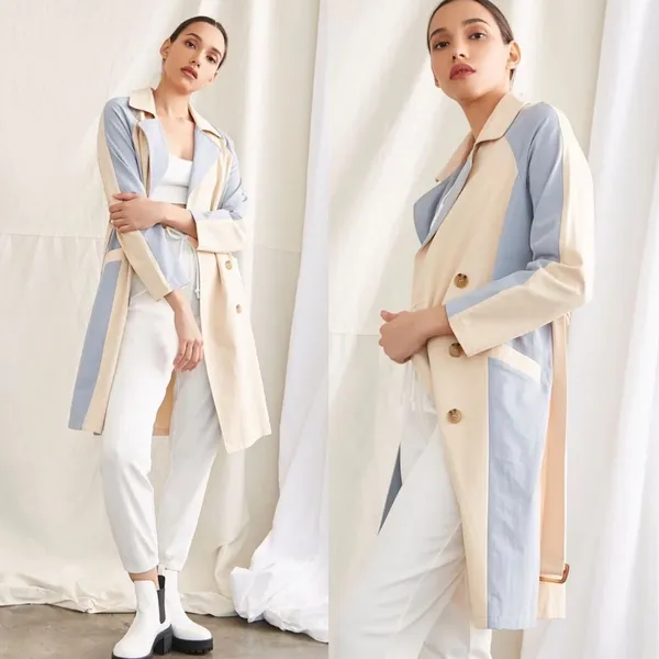 New Belted Trench Coat In Color Khaki / Blue - Image 2