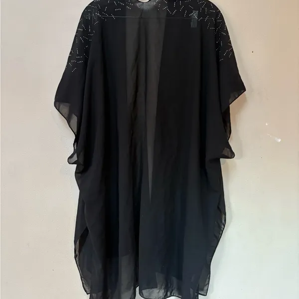 Vintage Jessica McClintock Black Sheer Beaded Kimono Overlay Evening Jacket - Image 2