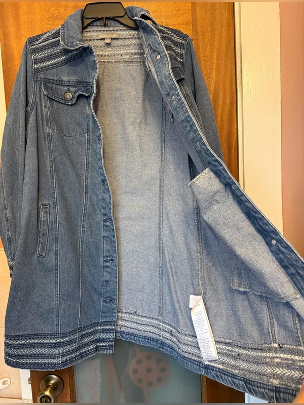 Jessica London Embroidered Long Denim Jacket Button Front Jean Coat Trench 12W - Image 9
