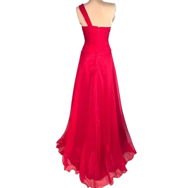 VTG Flowy Red Chiffon One Shoulder Rhinestone Prom Evening Gown XS Train - Image 7