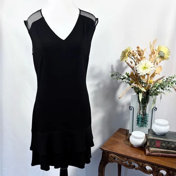 Sandro Paris Black Mesh Shoulder Tiered Ruffle Hem Mini Dress Sz 3 / L 💛 - Image 3