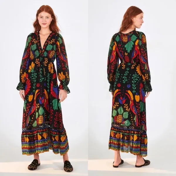 Farm Rio Black Tropical Toucan Floral V-Neck Maxi Dress XS Long Puff Sleeve Boho - Image 3