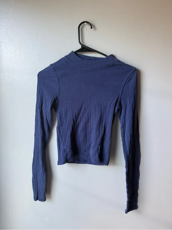 American Eagle Women’s Small Navy Blue Ribbed Long Sleeve Top - Image 2