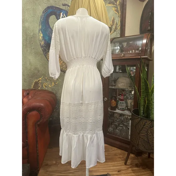Boho White Lace Maxi Dress Button Front Large Size M - Image 7
