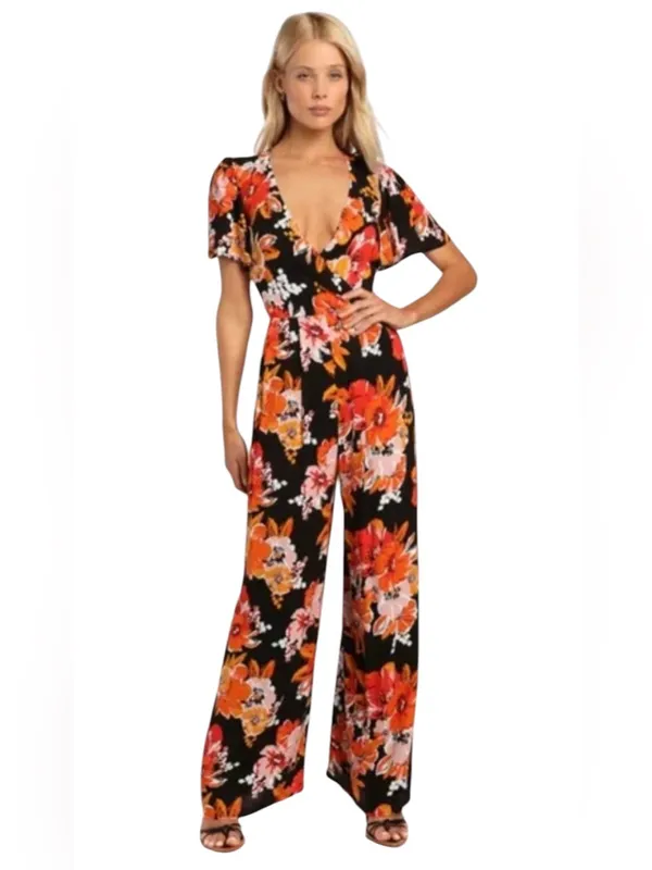 Lulu's Black Floral Wide-Leg Open-Back Jumpsuit size XS - Image 4