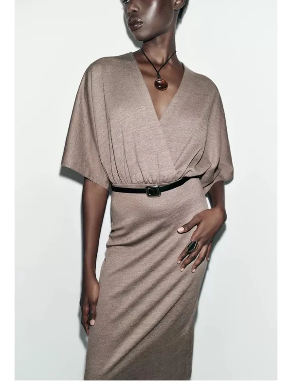 Zara Taupe Kimono-Sleeve Midi Dress with Black Belt - Image 7
