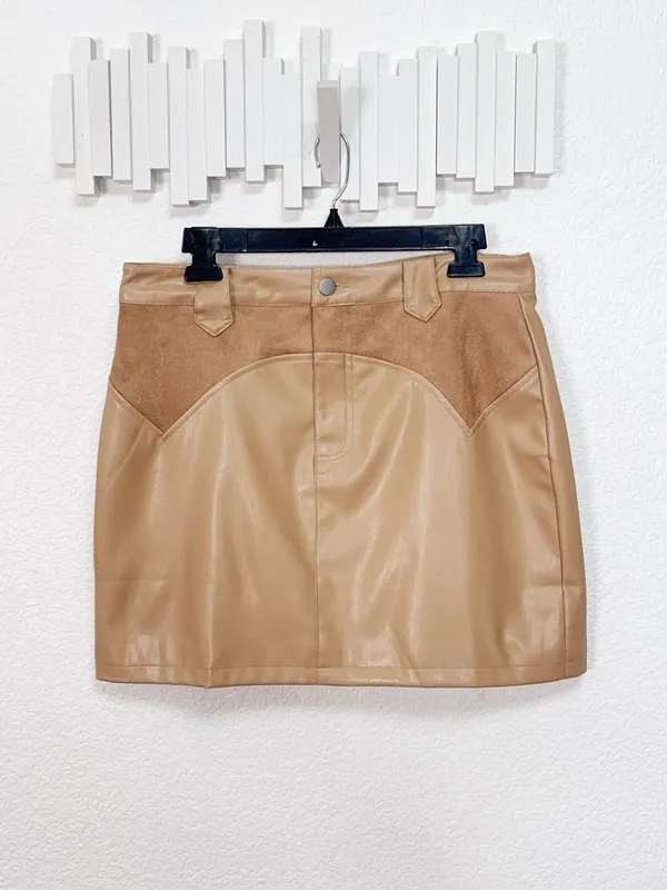 Miss Sparkling Tan Faux Leather Western Yoke Mini Skirt - Image 2