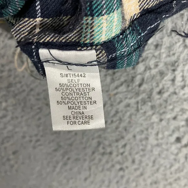Patchwork Flannel Shirt Women L Cropped Colorblock Plaid‎ Grunge Punk Raw Hem - Image 5