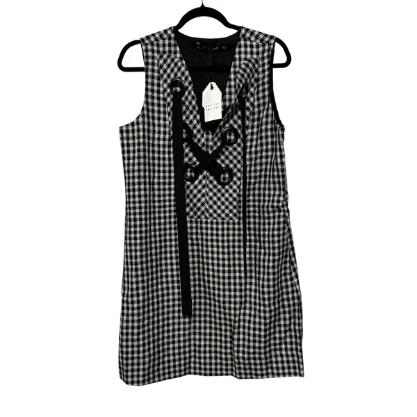 English Factory Check‎ Sleeveless Grommet Mini Dress Black White HN1644D Large - Image 2