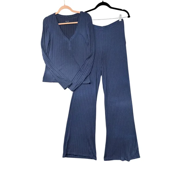 State of Day Intimates Blue Ribbed Henley Pajama Set Long Sleeve Wide Leg Small - Image 2