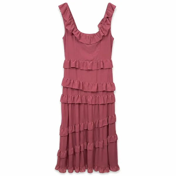 NEW Compelling Romantic Rusty Rose Ruffled Tiered Garden Party Maxi Dress Large - Image 5