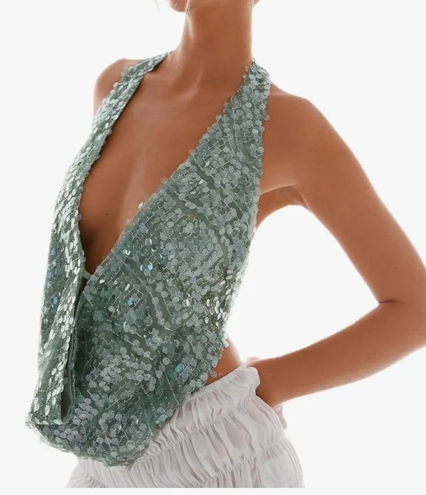 Sequin tank top low front Green - Image 2