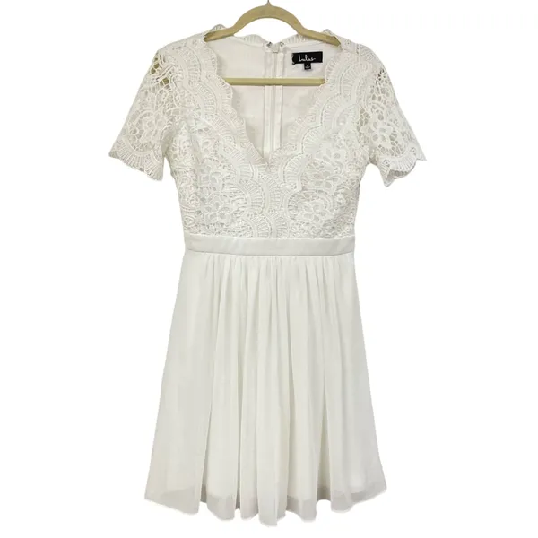 Lulus White Lace Short Sleeve Fit & Flare Mini Dress Womens S Bridal Formal - Image 2