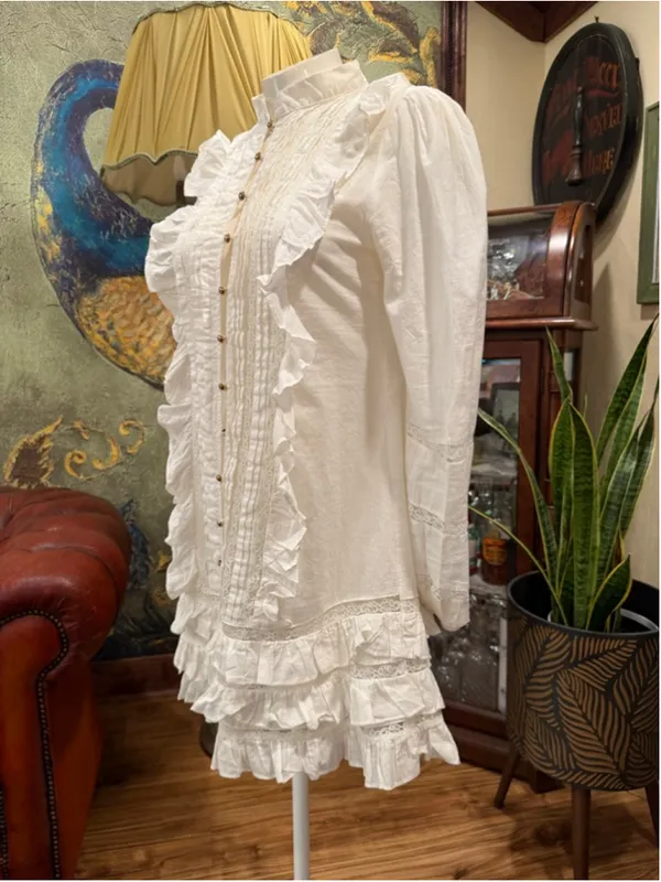 White Ruffle Mini Dress Glam Coastal Boho Lace Long Sleeve Tuxedo Pleat Sz M - Image 4