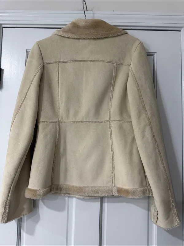 Vintage Mudd 90s Tan Faux Sued Fur Winter Teddy Coat Jacket Size M - Image 7