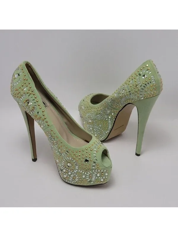 Kiss Kouture Celine Light Mint Green Peep Toe Beaded Platform Heels Size 8.5 - Image 9