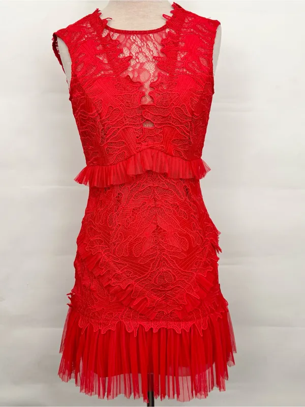 Bardot Red Sleeveless Lace Tiered Mini cocktail Dress 6/S - Image 2