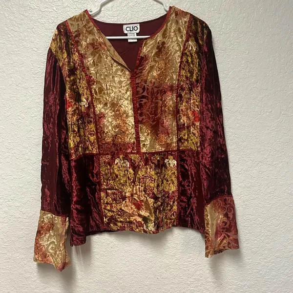 VINTAGE CLIO Crush Velvet Fall Hues Blouse Size Large - Image 8