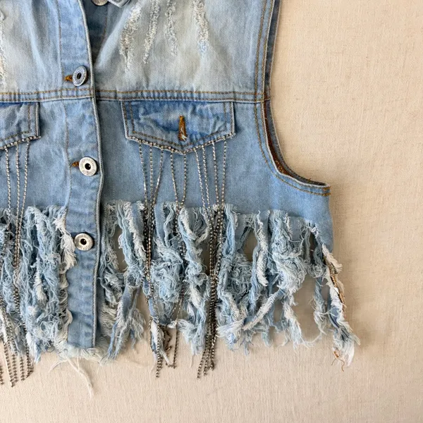 Spoon Jeans Denim Vest Women XL Blue Distressed Rhinestone Fringe Western Crop - Image 11