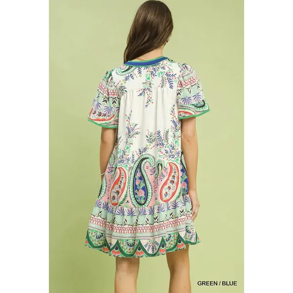 Umgee Paisley Flutter Sleeve Mini Dress - Green/Blue - Small - Image 3