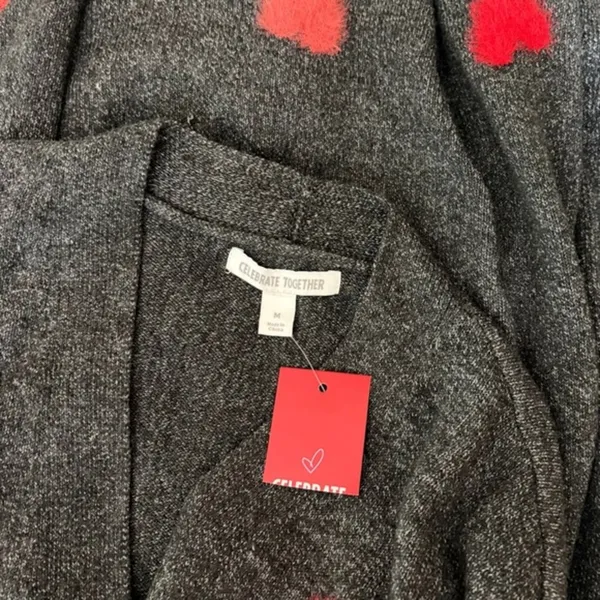 NWT!! CELEBRATE‎ TOGETHER Heart Cardigan Sweater Grey Pink Red Hearts Large - Image 9