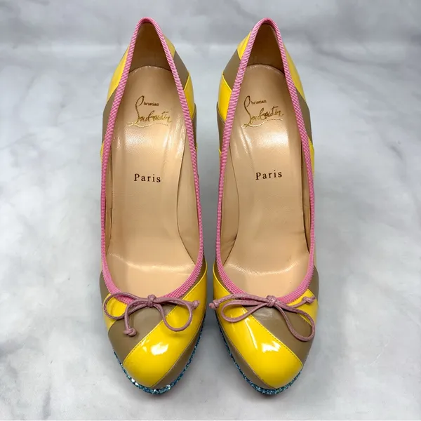 Christian Louboutin Foraine 140 Bow Striped Leather Glitter Platform Pumps Heels - Image 4