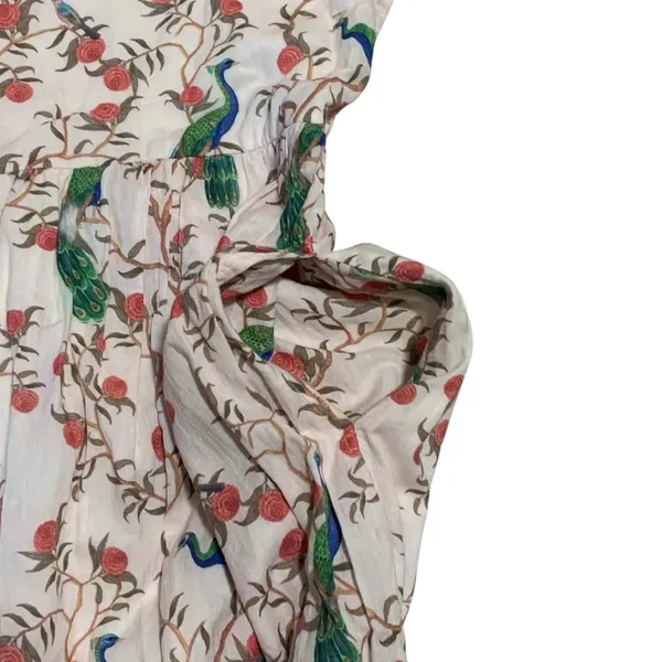 Beau & Ro Peacock Floral Block Print Cotton Midi Shirt Dress S Cream Green Boho - Image 6