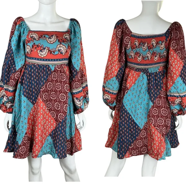 Merci Patchwork Square Neck Long Sleeve Mini Dress Blue Orange‎ M - Image 3