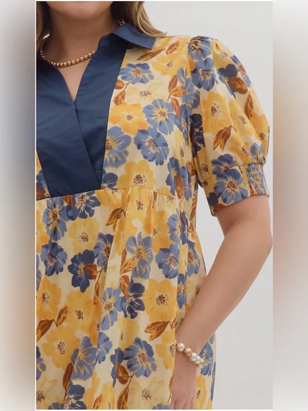 New!Entro Boutique Cotton Yellow Floral Midi Dress Pocket Navy Trim Size 2X - Image 6