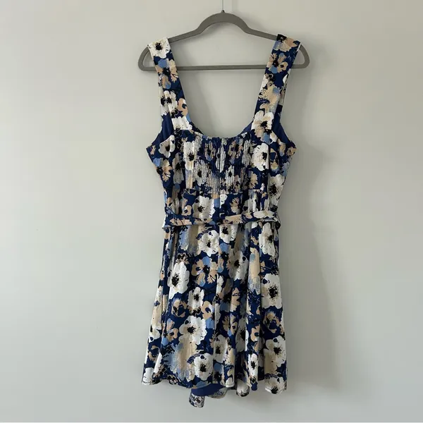 Lulu’s Sunny Attraction Navy Floral Linen Bustier Belted Mini Dress NWOT Large - Image 4