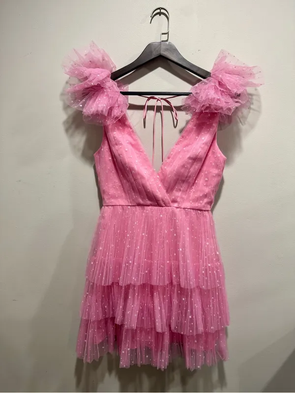 ML Monique Lhuillier Bubble Gum Pink Dotted Tulle Ruffle Mini Dress 2 - Image 2