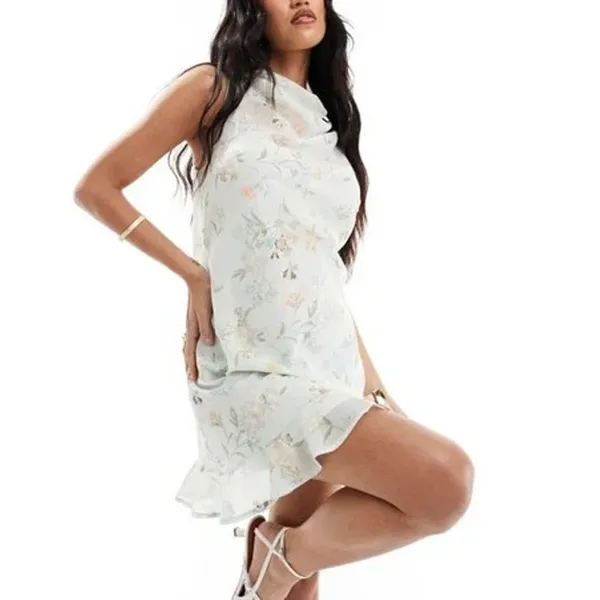 Abercrombie Floral Chiffon Mini Dress Size XXS Mint Green Ethereal Pastel Ruffle - Image 10