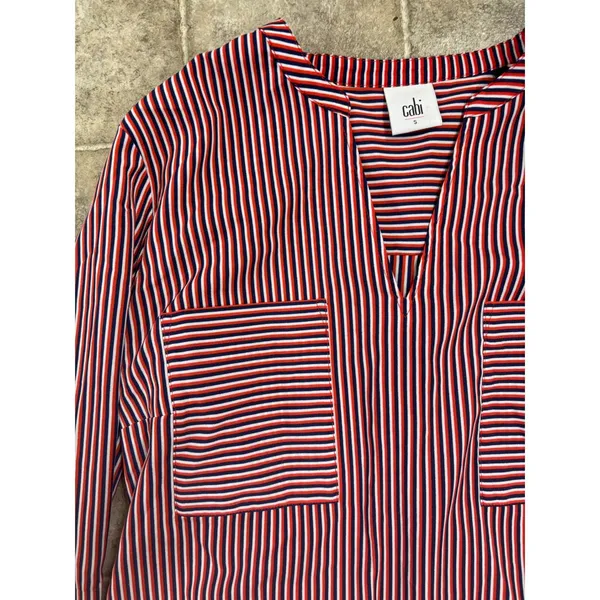 Cabi 5335 Red White Blue Striped Split V-Neck Blouse Womens‎ Small Long Sleeve - Image 2
