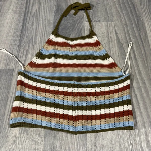 Garage Green, White, Orange, Baby Blue Striped Halter Knit Top; Medium Women's - Image 5