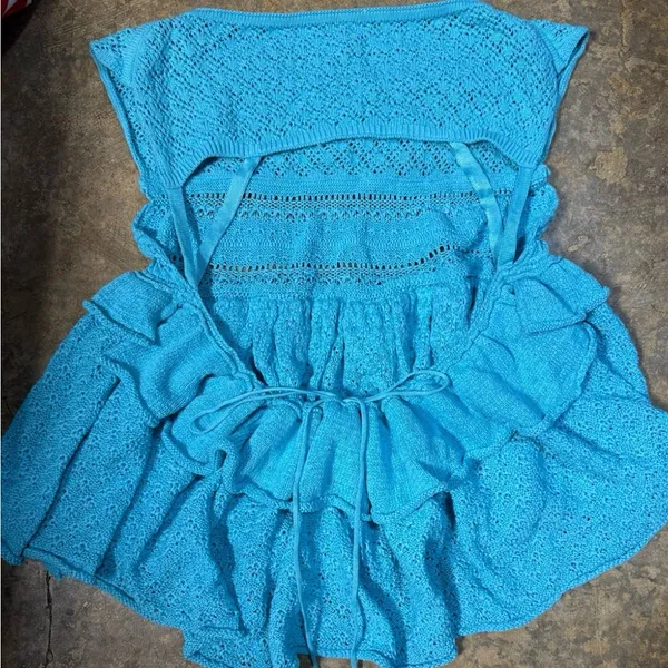 Free People Blue Juliette Ruffle Top, Linen Blend. Size XL - Image 6