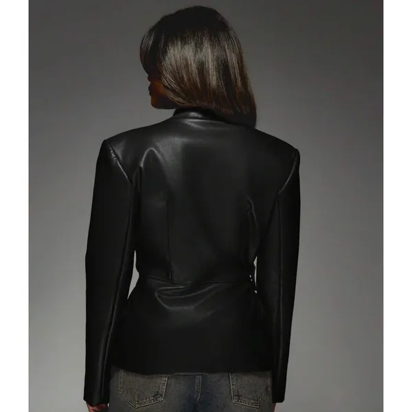 Missguided Womens Faux Leather Wrap Jacket Black Peplum Stand Collar medium - Image 2