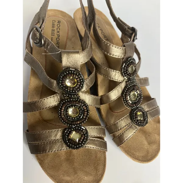 Rockport‎ Cobb Hill Sandals Womens 8 Gold Excellent Beaded Wedge Strappy Jewel - Image 5