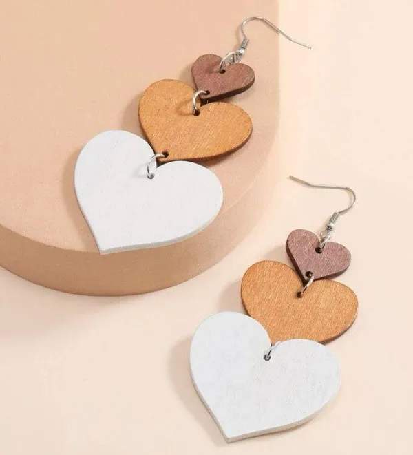 Pair of wooden earrings, dangle, heart, cute, layer, white, brown - Image 2