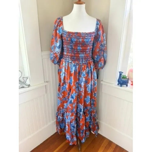 Cara Cara Jazzy Floral Smocked Maxi Dress Puff Sleeve Orange Blue Size Medium - Image 2