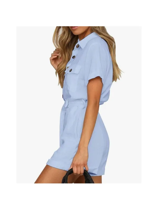 NEW 100% Cotton Pockets Romper Button Short Sleeve L NO BELT Light blue 100% Co - Image 3
