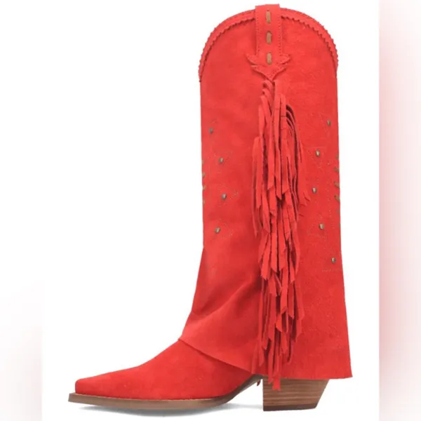 DINGO Red‎ Made In Mexico Suede Spirit Trail Boots With Fringe Size 6 - Image 3