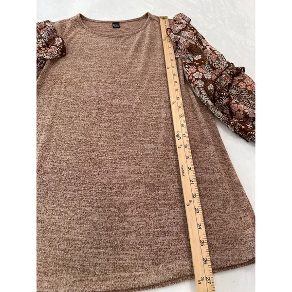 SHEIN Womens Brown Marled Knit Floral Ruffle Sleeve Top Crew Neck Size L - Image 6