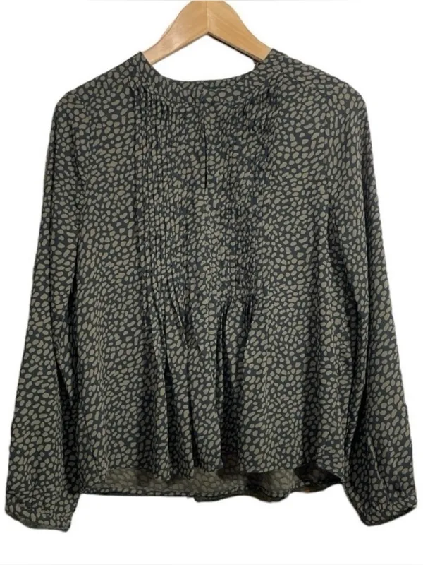Ann Taylor Green & Black Printed Long Sleeve Blouse Size S Pleated Front - Image 6