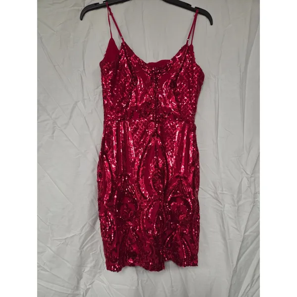 B. Darlin' Solid Red Sequin Spaghetti Strap Short Homecoming Dress 3/4 - Image 4