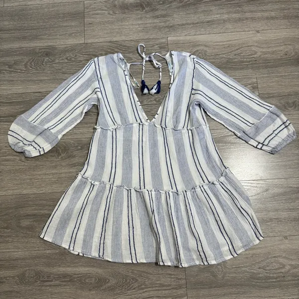 Blue Island‎ Women Boho Swim Cover Up Blue/White/Stripe Long Bell Sleeve Sz S - Image 9